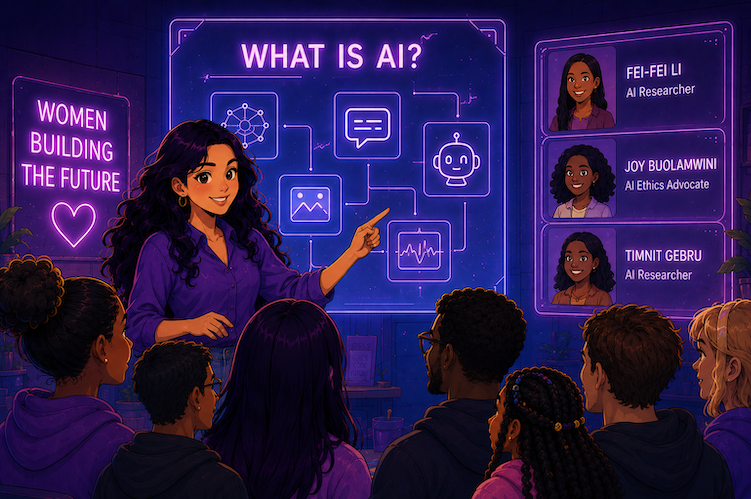 A mentor presents to a group of students in a neon-lit classroom, with screens about what AI is and portraits of women leaders in the field.