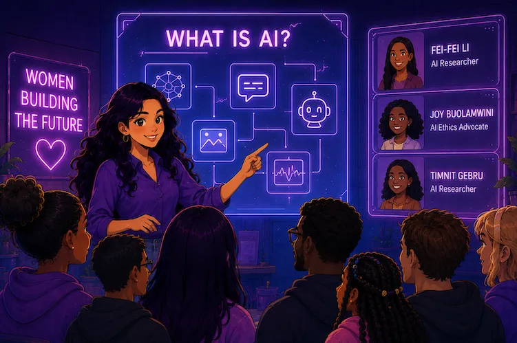 A mentor presents to a group of students in a neon-lit classroom, with screens about what AI is and portraits of women leaders in the field.