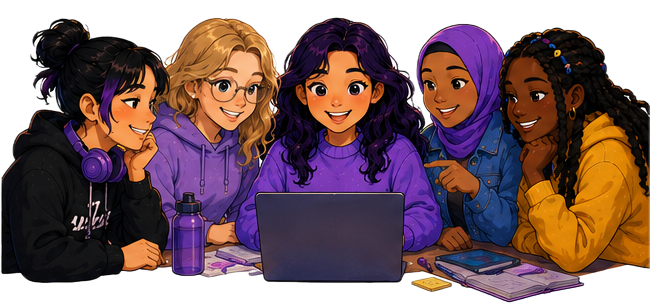 Five students gathered around a laptop, learning together in a warm, welcoming space.