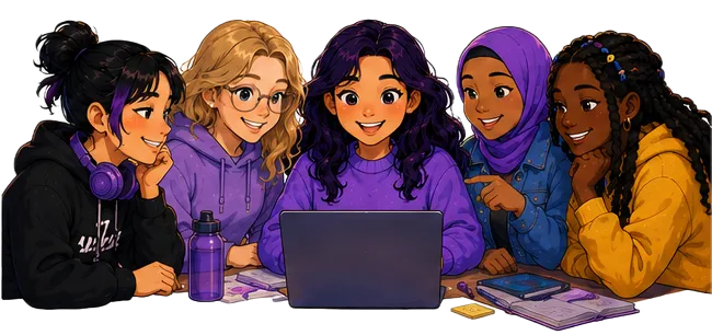 Five students gathered around a laptop, learning together in a warm, welcoming space.