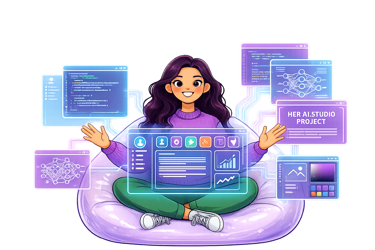 A girl sitting cross-legged on a bean bag, surrounded by floating holographic AI project panels